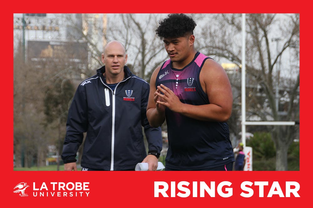 Melbourne Rising prop Junior Uelese in action at training.